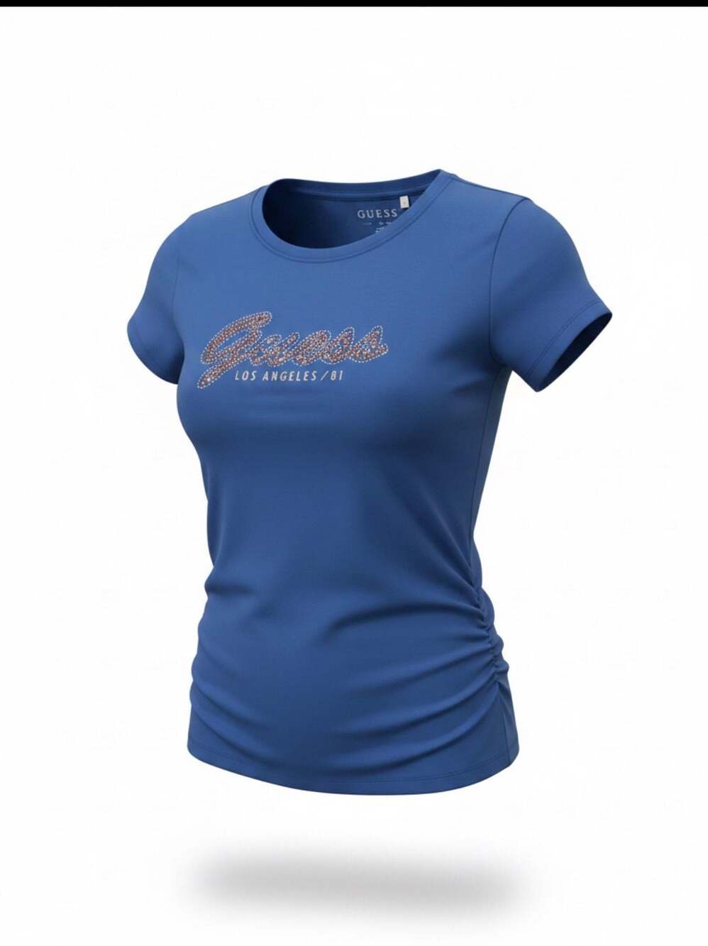 GUESS Los Angeles Rhinestone Logo Ruched Side T-Shirt